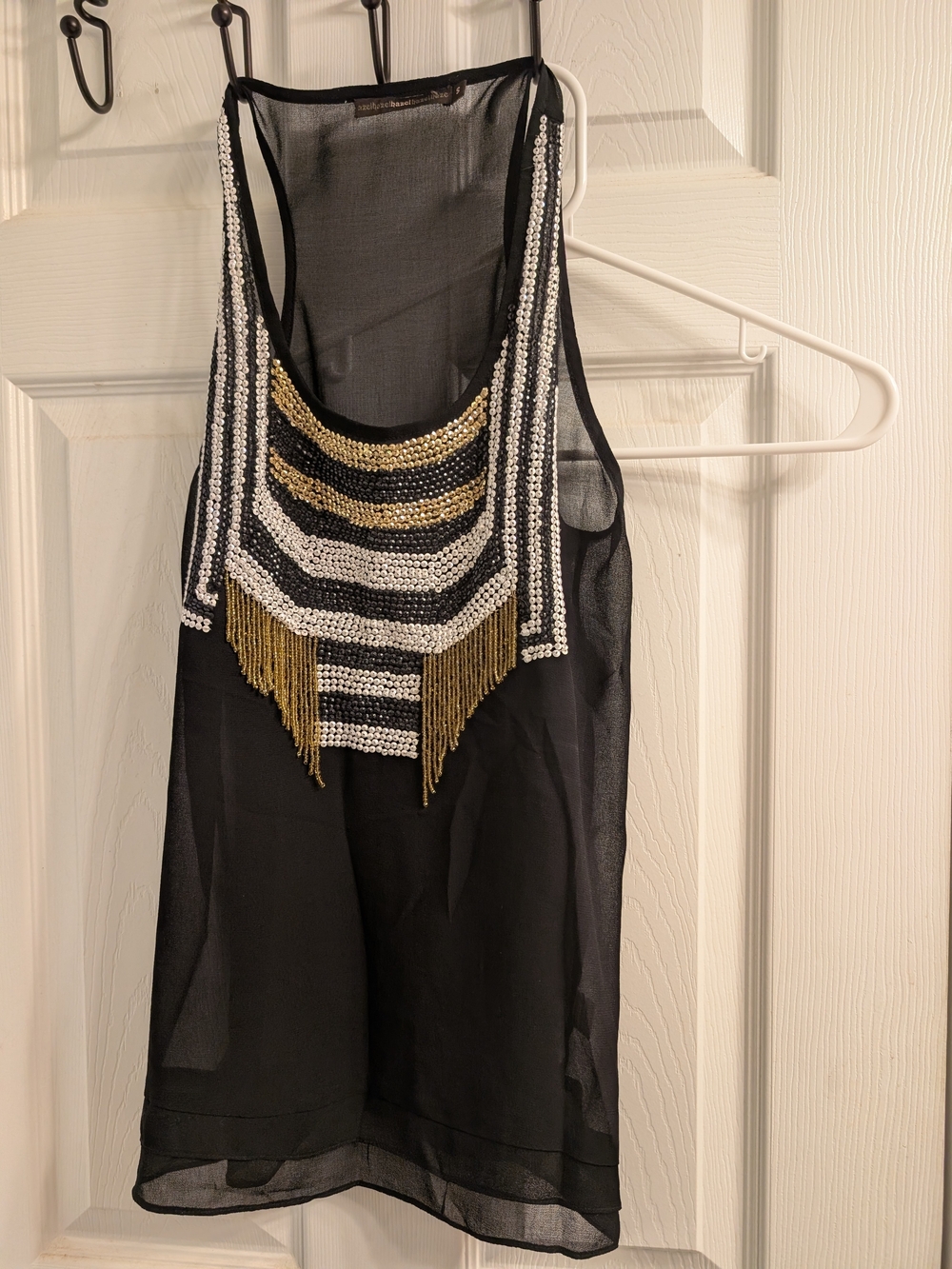Hazel Black Sheer Beaded Fringe Camisole/Tank Top Small